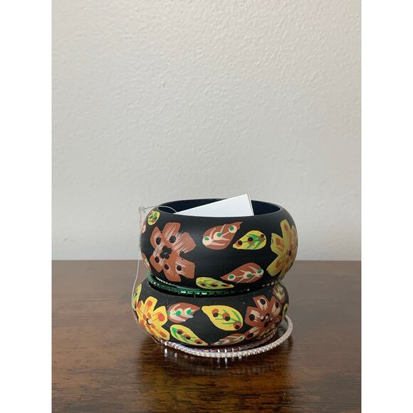 Antika Jewelry - Antika Two Black Floral Wooden Bangle Bracelets with Six Metal Bangles New!